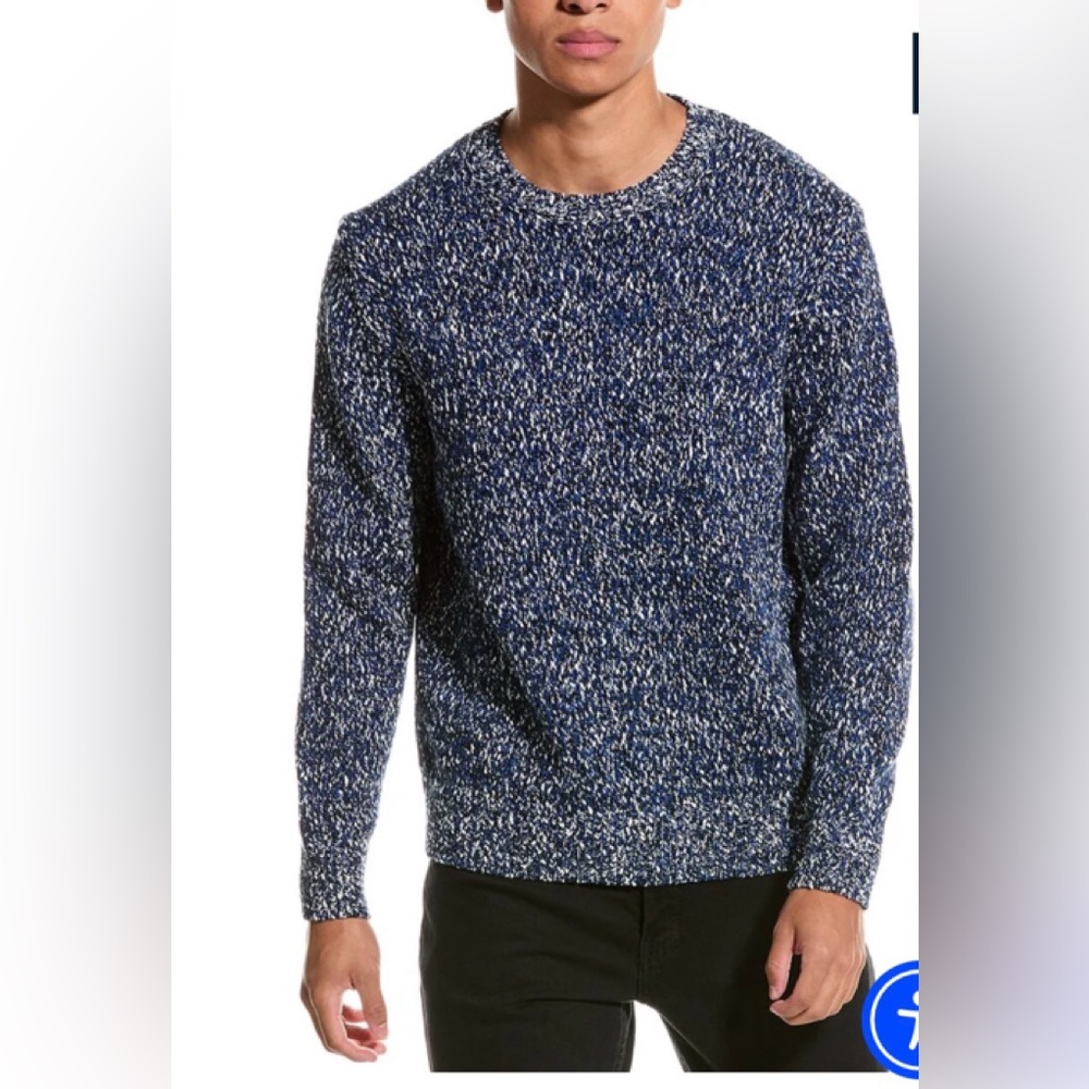 THEORY MAUNO Mens SWEATER Navy and White Marled  Cotton Crewneck Sweater Size Me